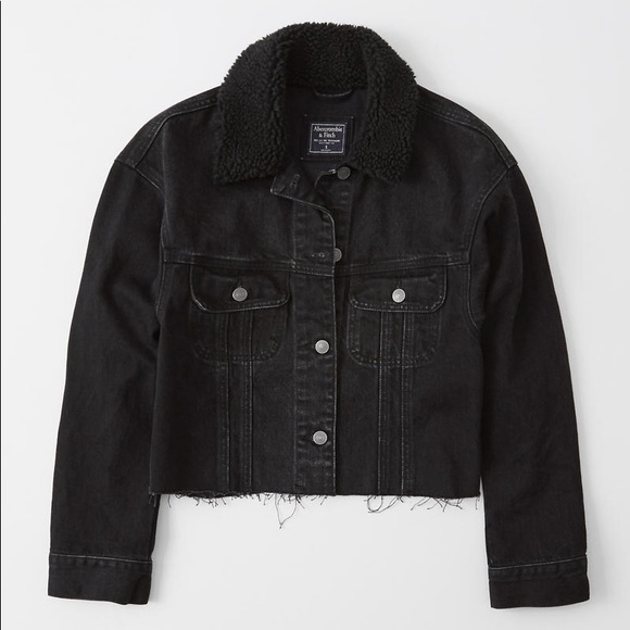 Cropped Black Denim Jacket with Sherpa Collar - Picture 1 of 2